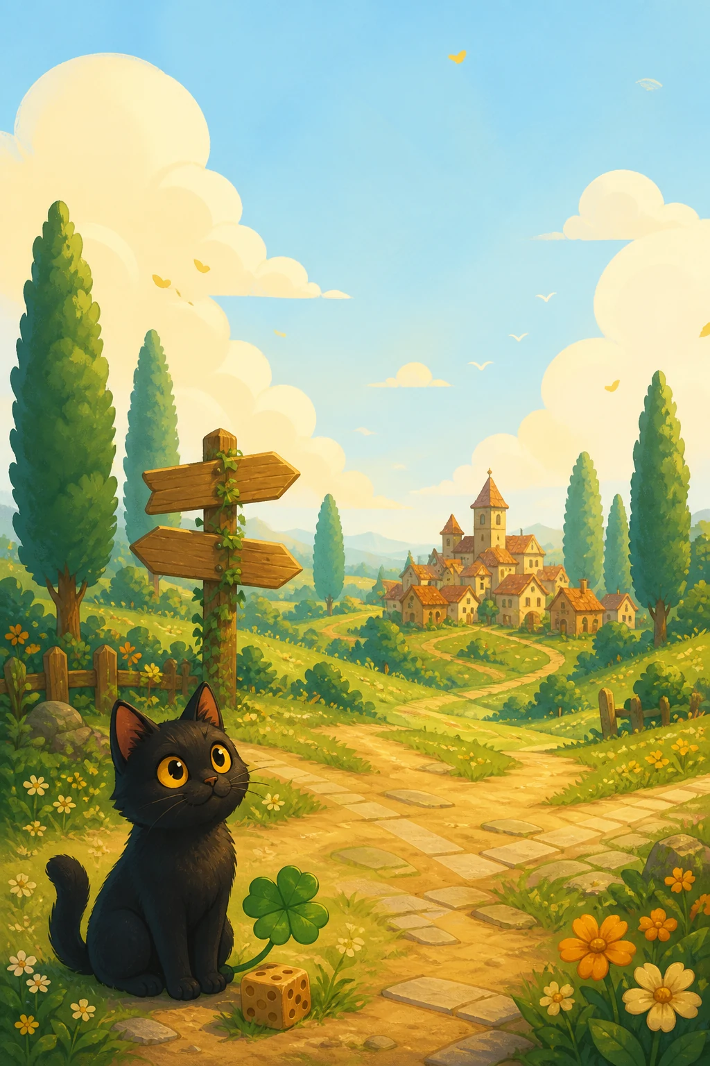 Oddluck's black cat mascot sits at a signpost crossroads in Pocketwood Plains, a four-leaf clover and a wooden die beside it, a storybook village on the hill beyond